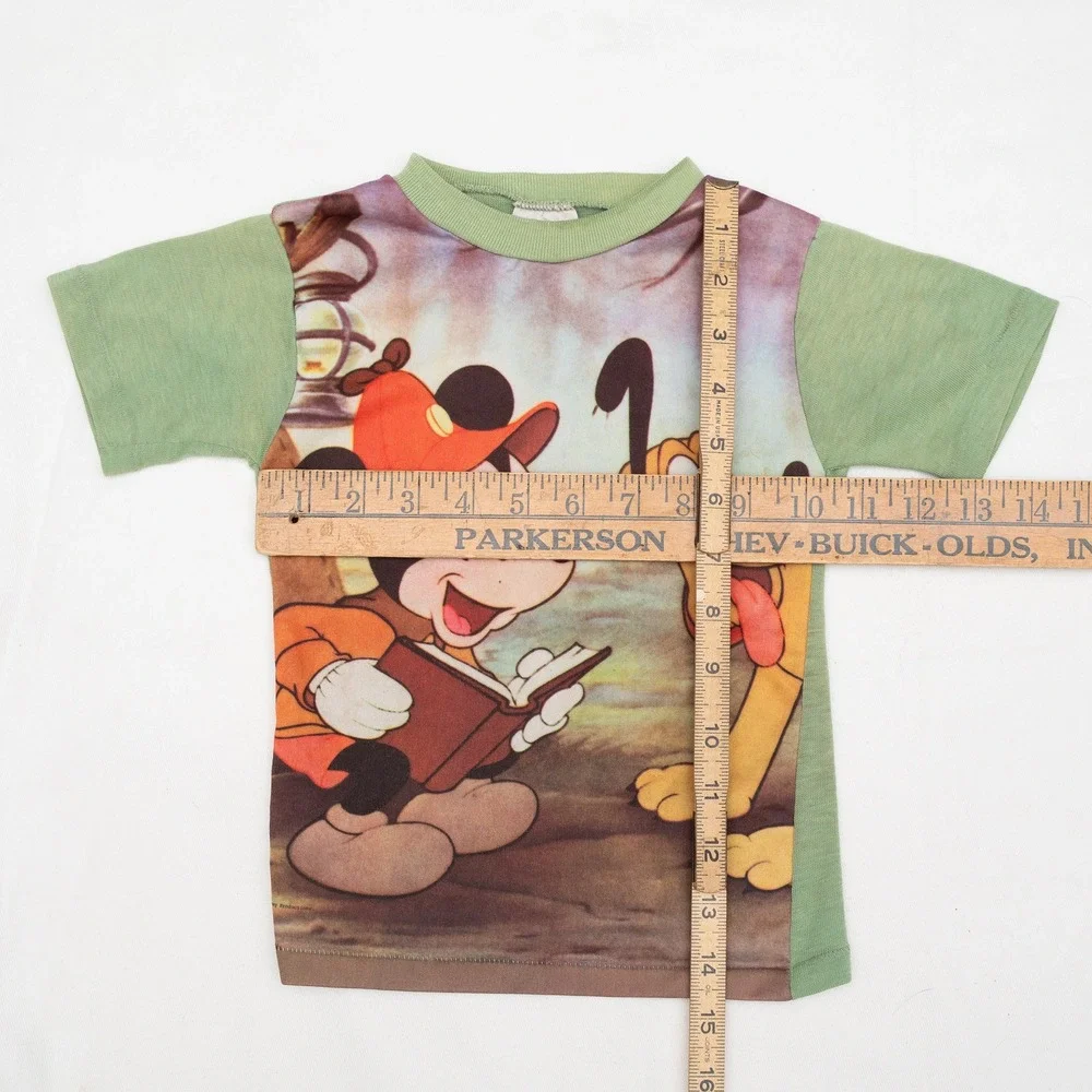 Vintage 60s 70s Shirtees Photo Knit Mickey Mouse & Pluto Green Baby T Size 4/5